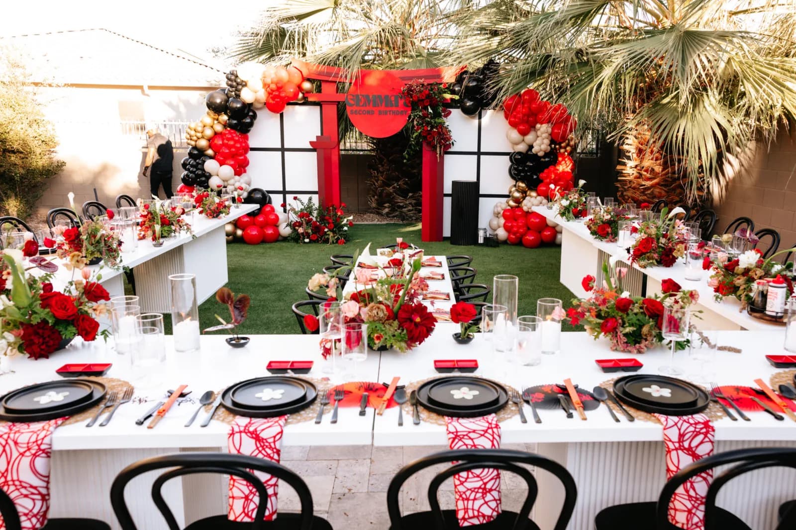 Backyard tables prepared for a private Hibachi Blu catered event