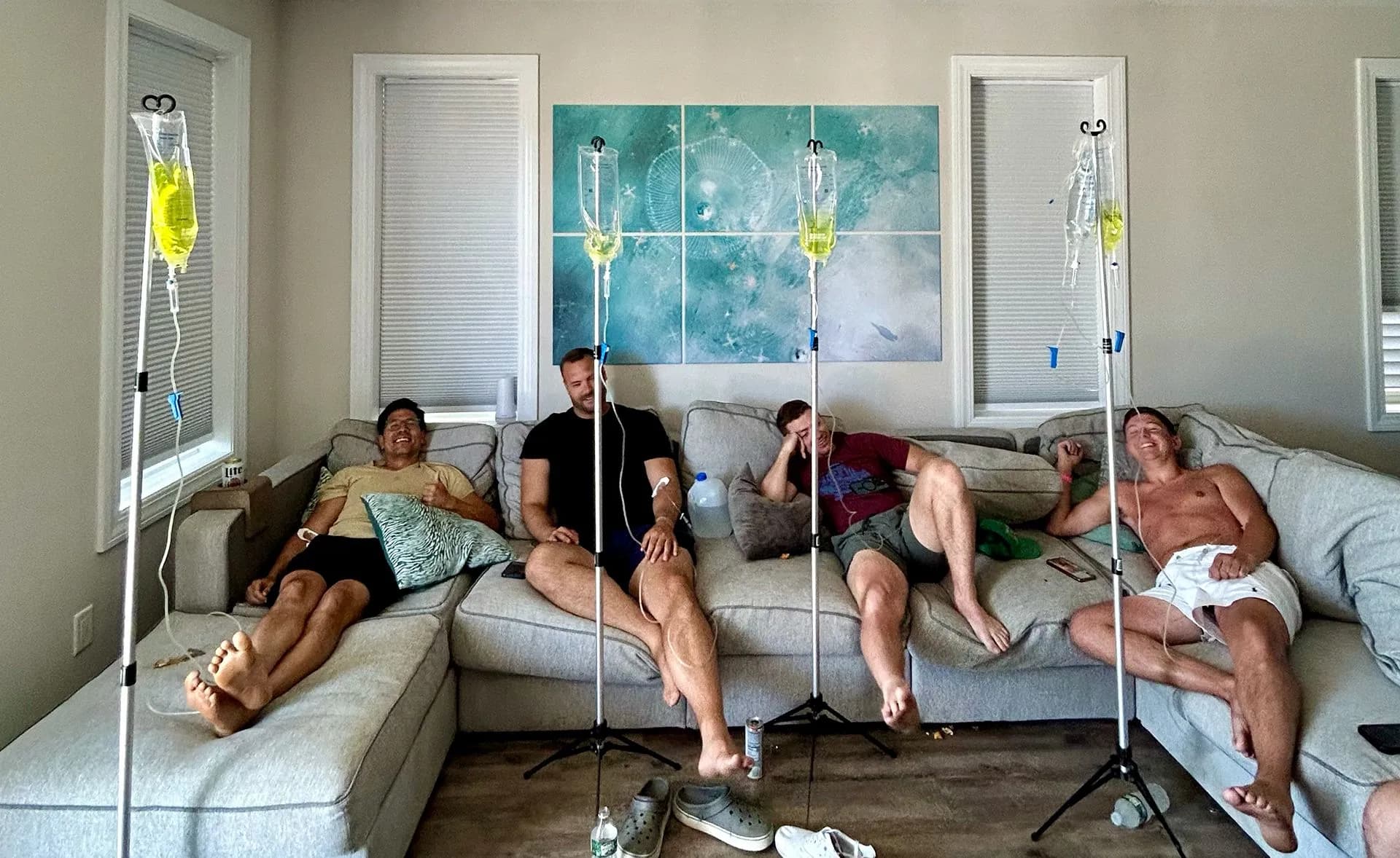 Bachelor party group relaxing at a Scottsdale villa on Sunday morning